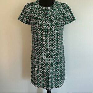 J. Crew Women's Dress 100% Silk Green Navy Lattice Medallion Print Sheath‎ 2